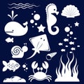 White silhouettes of different sea animals and marine objects on a white background. Royalty Free Stock Photo